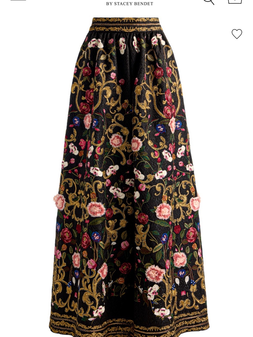 Alice+Olivia Tina Black Maxi Skirt with Gold Scrolls and Pink Floral Embroidery